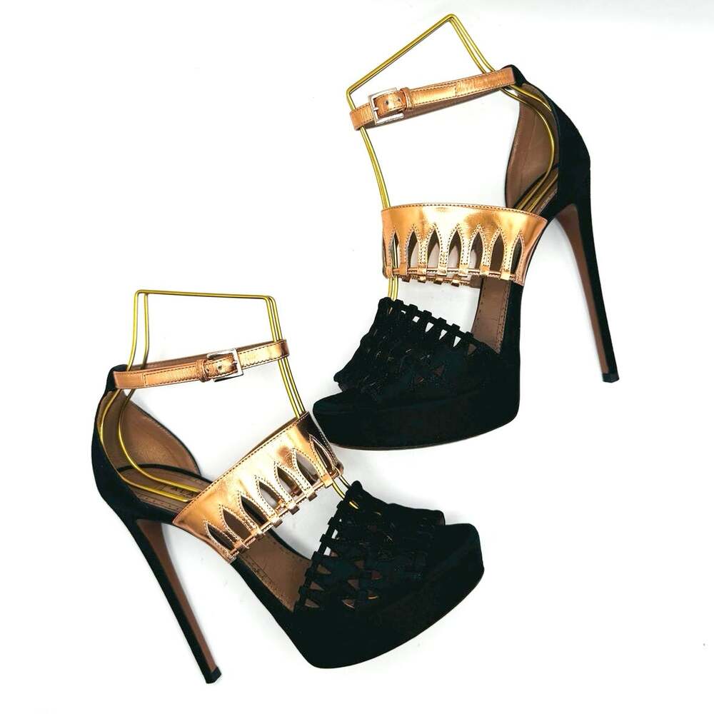 Alaïa Black Suede Rose Gold Colorblock Platform Heels Sandals EU 38.5